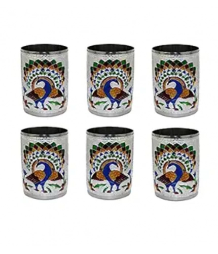 Generic Steel Meenakari Peacock Design Decorative Glass Set (Silver)