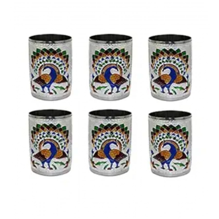 Generic Steel Meenakari Peacock Design Decorative Glass Set (Silver)