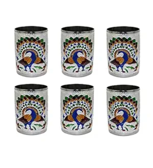 Generic Steel Meenakari Peacock Design Decorative Glass Set (Silver)