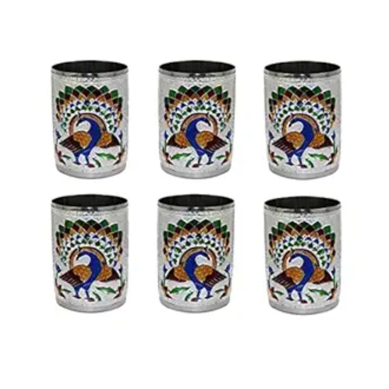 Generic Steel Meenakari Peacock Design Decorative Glass Set (Silver)