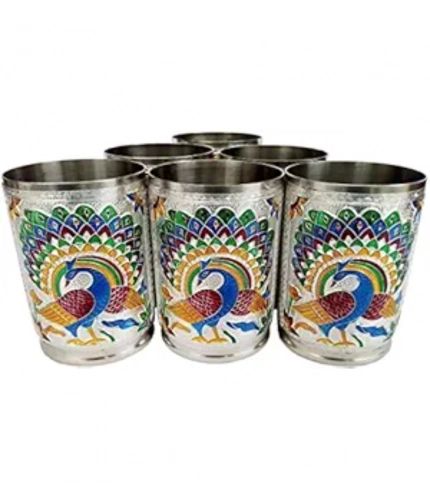 Generic Steel Meenakari Peacock Design Decorative Glass Set (Silver) Generic Steel Meenakari Peacock Design Decorative Glass Set (Silver)