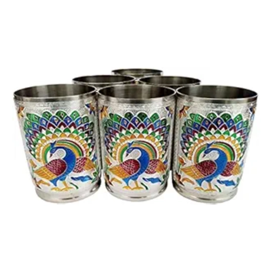 Generic Steel Meenakari Peacock Design Decorative Glass Set (Silver)