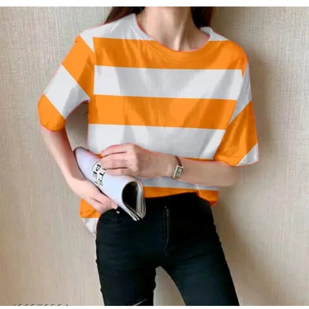 Generic Women's Lycra Striped Round Neck Short Sleeve T-Shirt (White-Orange) Generic Women's Lycra Striped Round Neck Short Sleeve T-Shirt (White-Orange)
