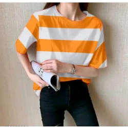 Generic Women's Lycra Striped Round Neck Short Sleeve T-Shirt (White-Orange)