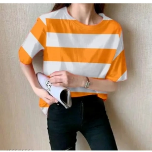 Generic Women's Lycra Striped Round Neck Short Sleeve T-Shirt (White-Orange)