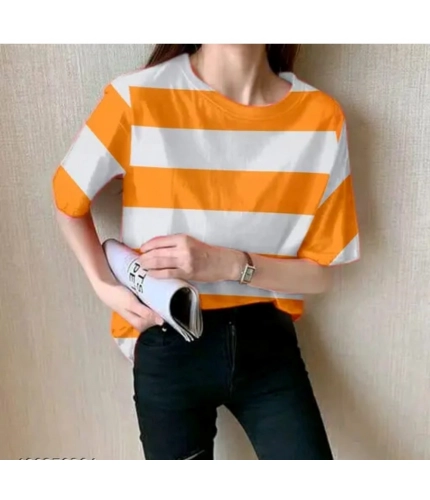 Generic Women's Lycra Striped Round Neck Short Sleeve T-Shirt (White-Orange)