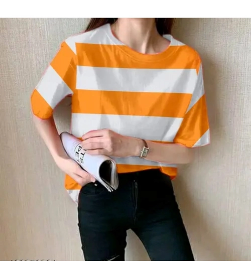 Generic Women's Lycra Striped Round Neck Short Sleeve T-Shirt (White-Orange)