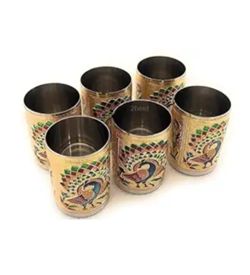 Generic Steel Meenakari Peacock Design Decorative Glass Set (Gold)