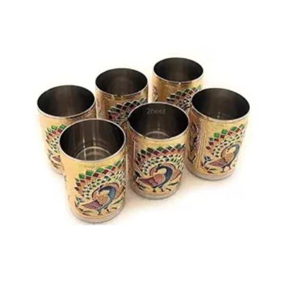 Generic Steel Meenakari Peacock Design Decorative Glass Set (Gold)
