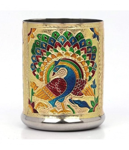 Generic Steel Meenakari Peacock Design Decorative Glass Set (Gold)