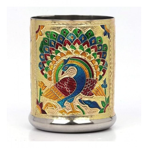 Generic Steel Meenakari Peacock Design Decorative Glass Set (Gold)