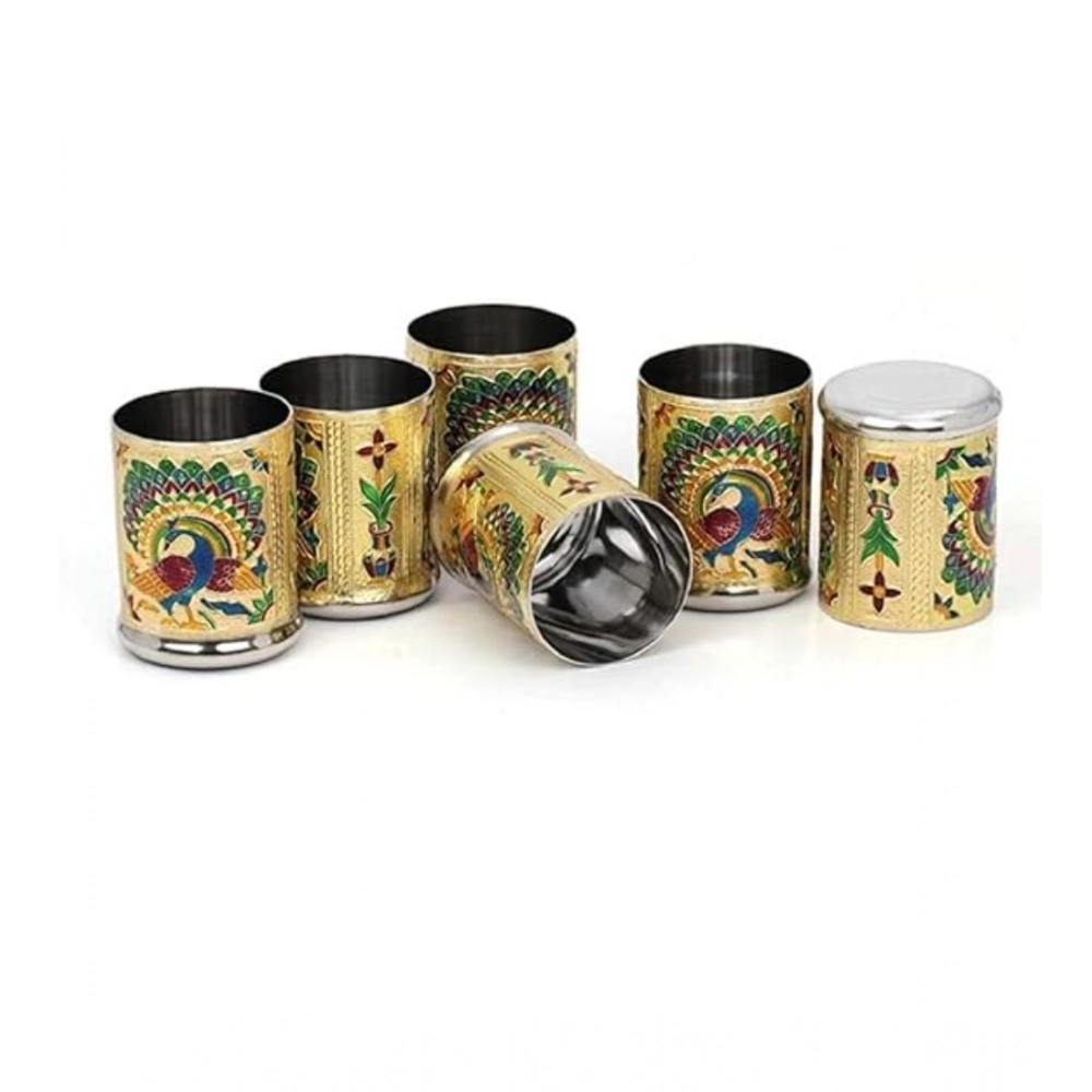 Generic Steel Meenakari Peacock Design Decorative Glass Set (Gold) Generic Steel Meenakari Peacock Design Decorative Glass Set (Gold)
