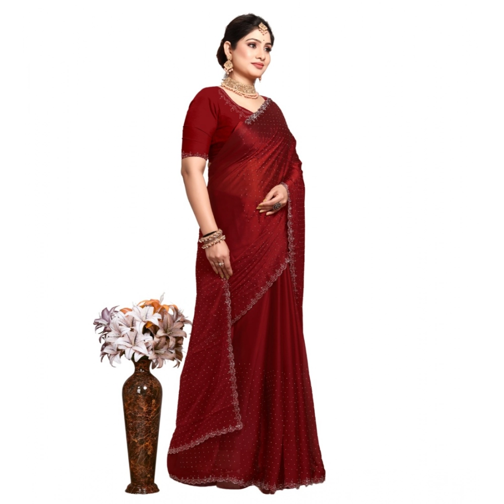 Generic Women's Georgette Satin Silk Saree With Unstitched Blouse 5.5Mtr (Red) Generic Women's Georgette Satin Silk Saree With Unstitched Blouse 5.5Mtr (Red)