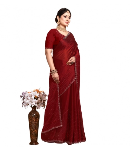 Generic Women's Georgette Satin Silk Saree With Unstitched Blouse 5.5Mtr (Red)
