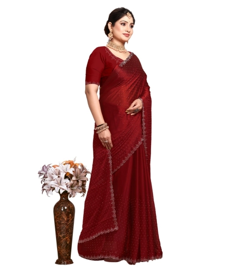 Generic Women's Georgette Satin Silk Saree With Unstitched Blouse 5.5Mtr (Red)