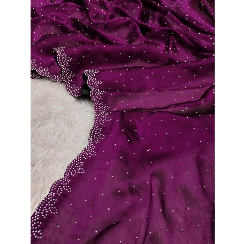 Women's Georgette Satin Silk Saree With Unstitched Blouse 5.5Mtr (Wine)