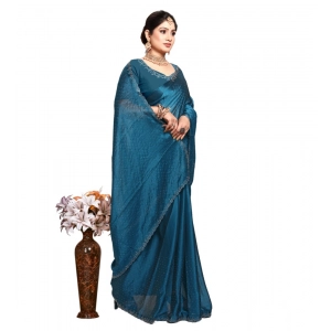 Generic Women's Georgette Satin Silk Saree With Unstitched Blouse 5.5Mtr (Blue)
