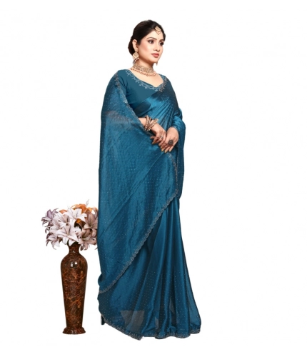Generic Women's Georgette Satin Silk Saree With Unstitched Blouse 5.5Mtr (Blue)