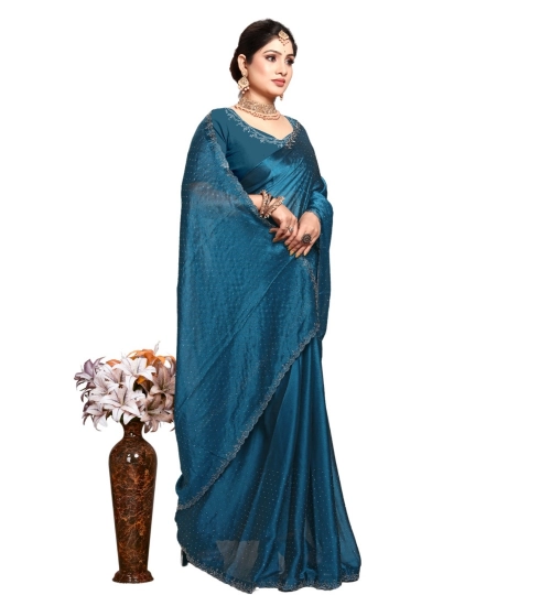 Generic Women's Georgette Satin Silk Saree With Unstitched Blouse 5.5Mtr (Blue)