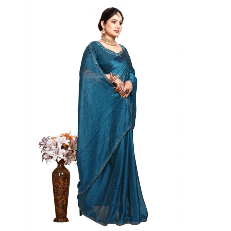 Women's Georgette Satin Silk Saree With Unstitched Blouse 5.5Mtr (Blue) Women's Georgette Satin Silk Saree With Unstitched Blouse 5.5Mtr (Blue)