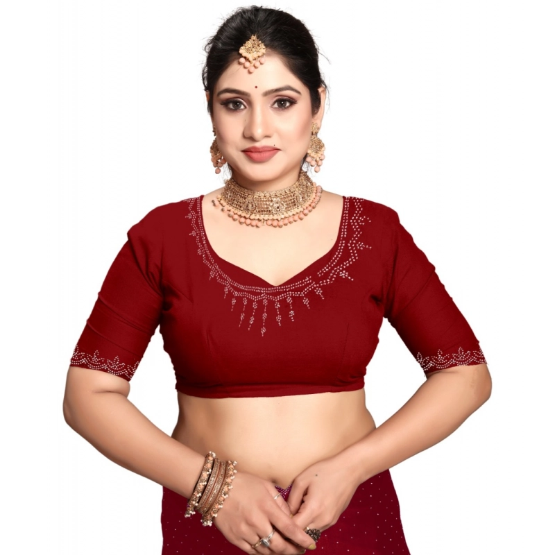 Women's Georgette Satin Silk Saree With Unstitched Blouse 5.5Mtr (Red)