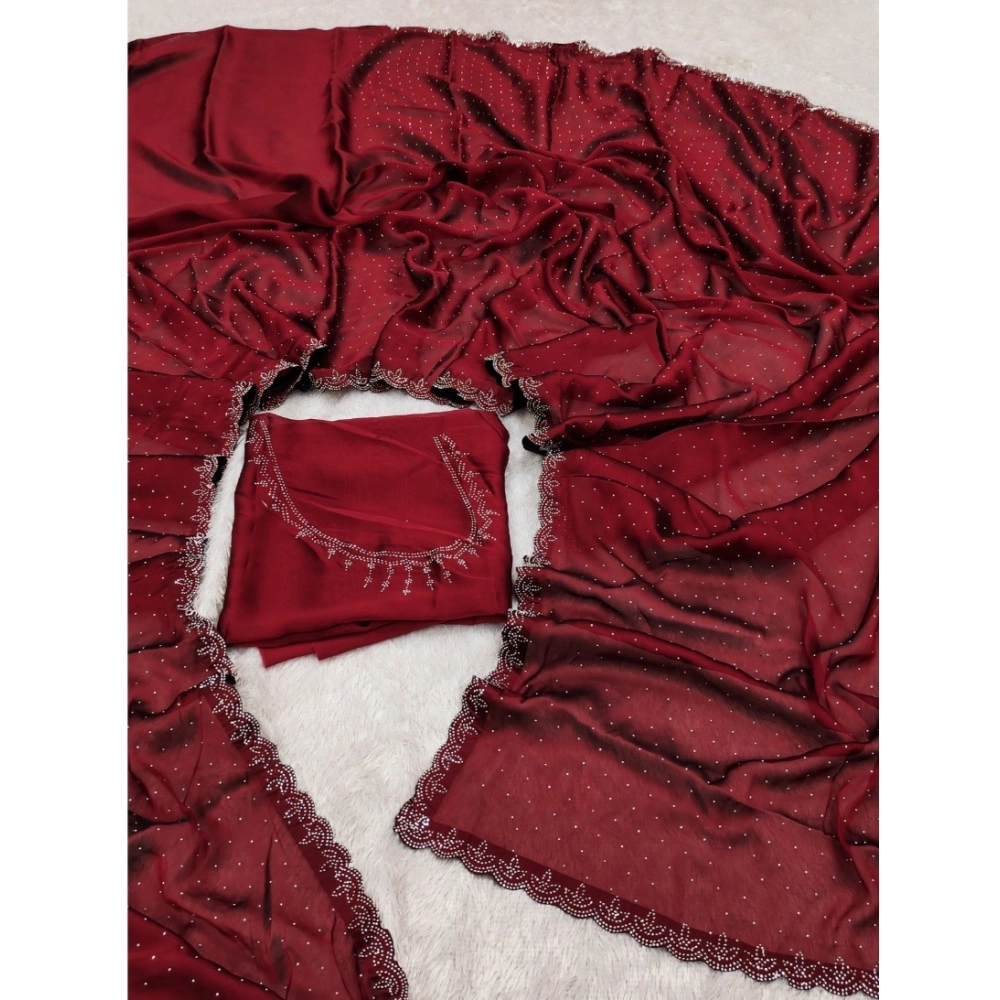 Generic Women's Georgette Satin Silk Saree With Unstitched Blouse 5.5Mtr (Red) Generic Women's Georgette Satin Silk Saree With Unstitched Blouse 5.5Mtr (Red)
