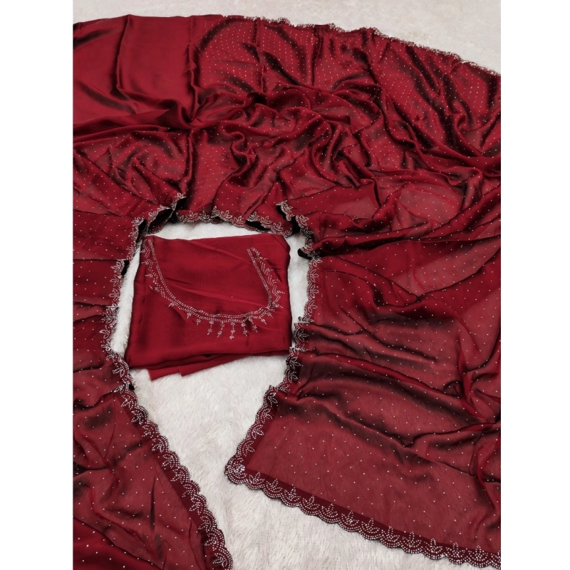 Women's Georgette Satin Silk Saree With Unstitched Blouse 5.5Mtr (Red)