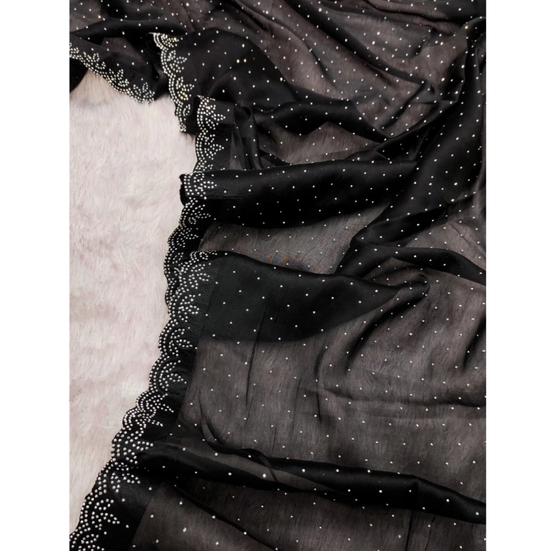 Women's Georgette Satin Silk Saree With Unstitched Blouse 5.5Mtr (Black)