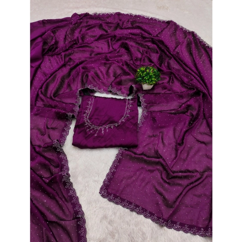 Women's Georgette Satin Silk Saree With Unstitched Blouse 5.5Mtr (Wine)