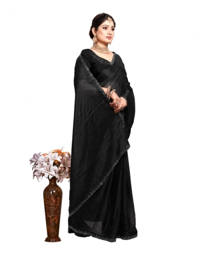 Generic Women's Georgette Satin Silk Saree With Unstitched Blouse 5.5Mtr (Black)