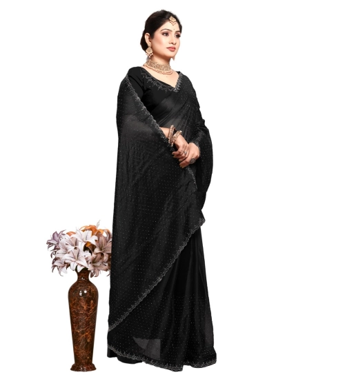 Generic Women's Georgette Satin Silk Saree With Unstitched Blouse 5.5Mtr (Black)
