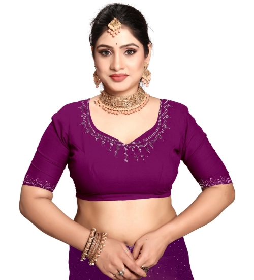 Generic Women's Georgette Satin Silk Saree With Unstitched Blouse 5.5Mtr (Wine)