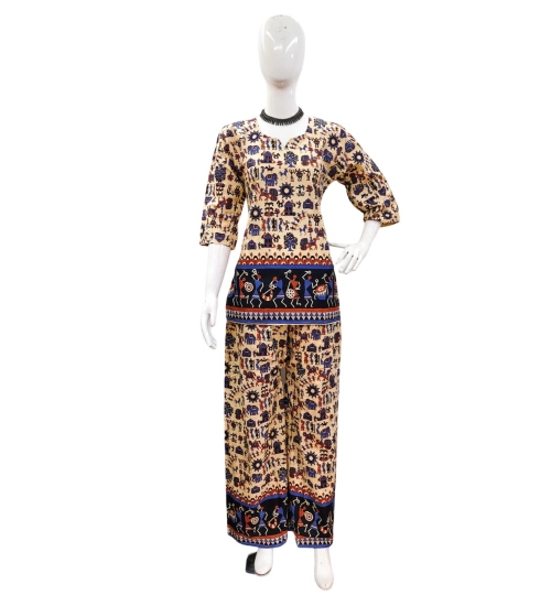 Generic Women's Cotton Jaipuri Printed 3-4th Sleeve Co ord Set (Multicolor)