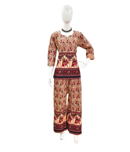 Generic Women's Cotton Jaipuri Printed 3-4th Sleeve Co ord Set (Multicolor)