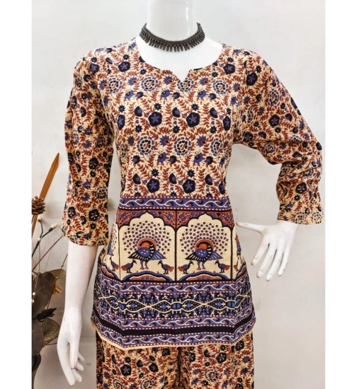 Generic Women's Cotton Jaipuri Printed 3-4th Sleeve Co ord Set (Multicolor)