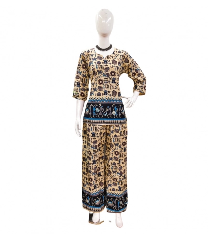 Generic Women's Cotton Jaipuri Printed 3-4th Sleeve Co ord Set (Multicolor)