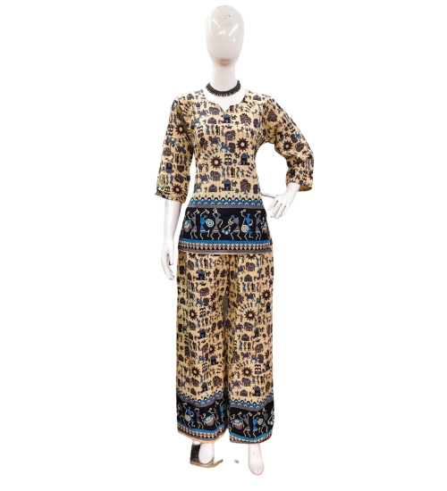 Generic Women's Cotton Jaipuri Printed 3-4th Sleeve Co ord Set (Multicolor)