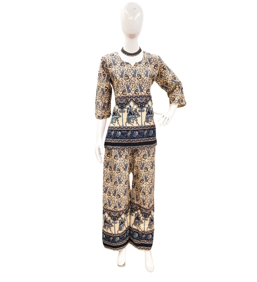 Generic Women's Cotton Jaipuri Printed 3-4th Sleeve Co ord Set (Multicolor)