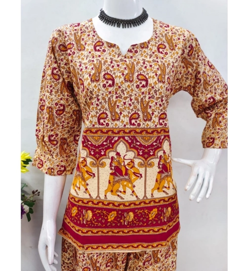 Generic Women's Cotton Jaipuri Printed 3-4th Sleeve Co ord Set (Multicolor)