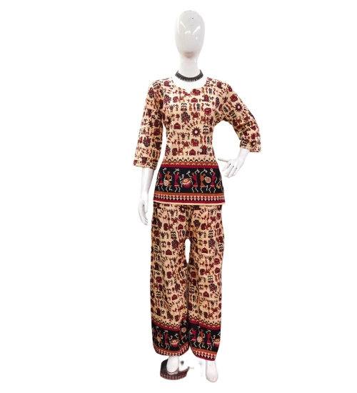 Generic Women's Cotton Jaipuri Printed 3-4th Sleeve Co ord Set (Multicolor)