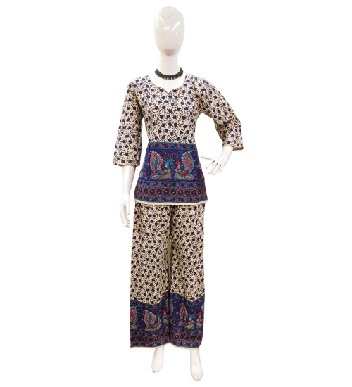 Generic Women's Cotton Jaipuri Printed 3-4th Sleeve Co ord Set (Multicolor)