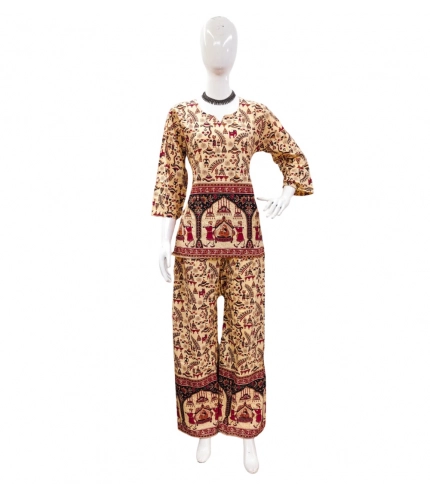 Generic Women's Cotton Jaipuri Printed 3-4th Sleeve Co ord Set (Multicolor)