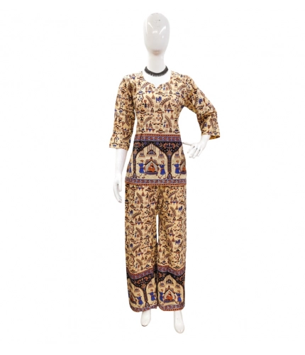 Generic Women's Cotton Jaipuri Printed 3-4th Sleeve Co ord Set (Multicolor)