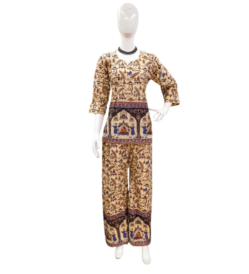 Generic Women's Cotton Jaipuri Printed 3-4th Sleeve Co ord Set (Multicolor)