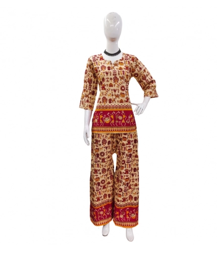 Generic Women's Cotton Jaipuri Printed 3-4th Sleeve Co ord Set (Multicolor)