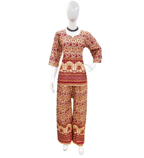 Generic Women's Cotton Jaipuri Printed 3-4th Sleeve Co ord Set (Multicolor)