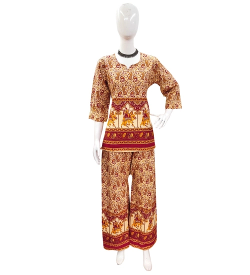 Generic Women's Cotton Jaipuri Printed 3-4th Sleeve Co ord Set (Multicolor)