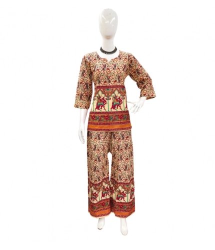 Generic Women's Cotton Jaipuri Printed 3-4th Sleeve Co ord Set (Multicolor)