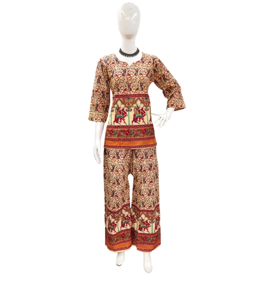 Generic Women's Cotton Jaipuri Printed 3-4th Sleeve Co ord Set (Multicolor)