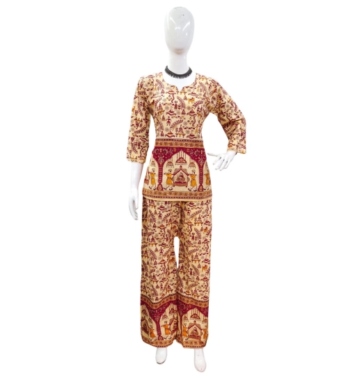 Generic Women's Cotton Jaipuri Printed 3-4th Sleeve Co ord Set (Multicolor)